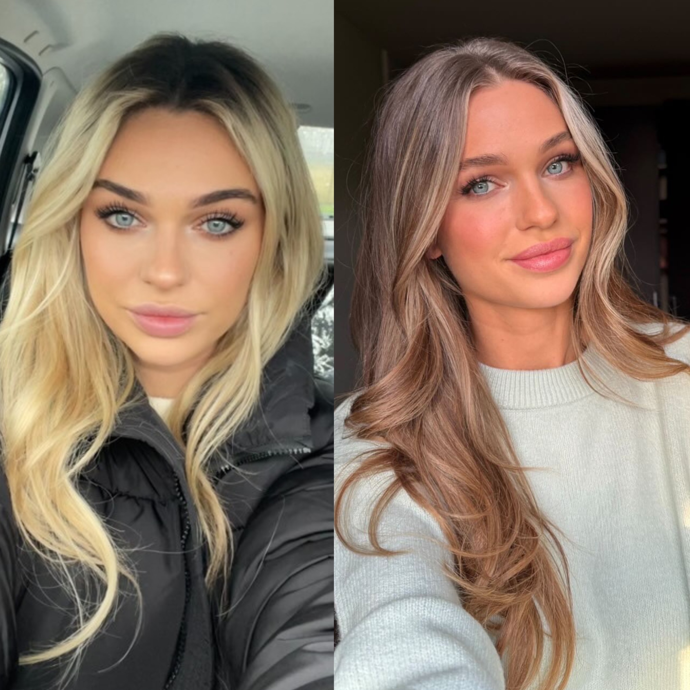 Before and after: from blonde with a black coat to a warmer brown hair color with a light top