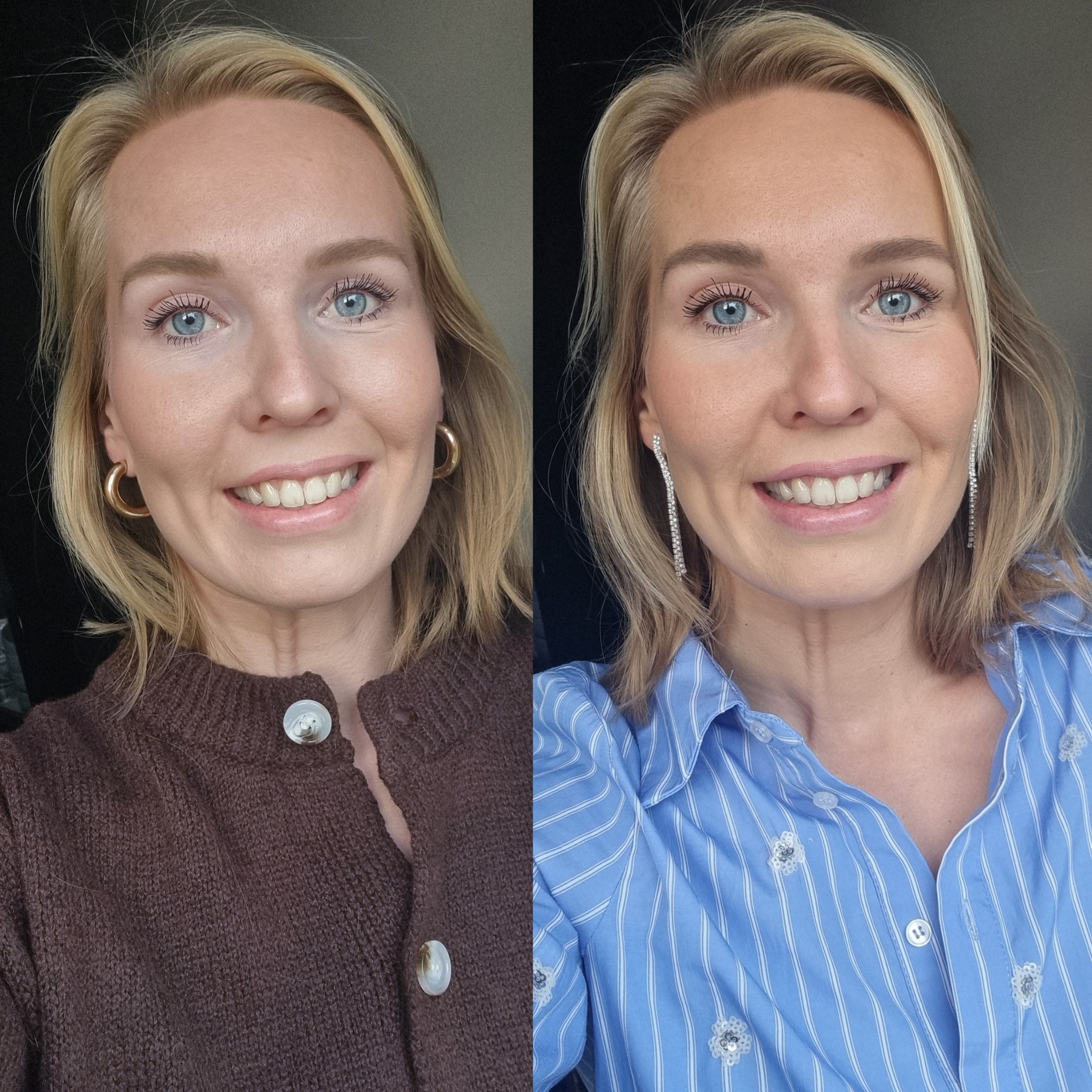 Before and after: from a dark brown sweater to a light blue blouse around the face