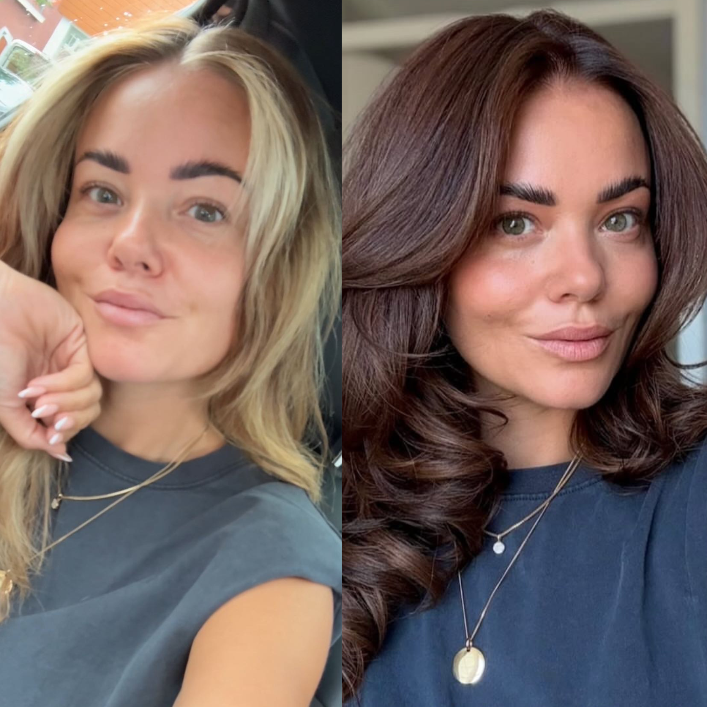 Before and after: from very light blonde to a much darker brown hair color