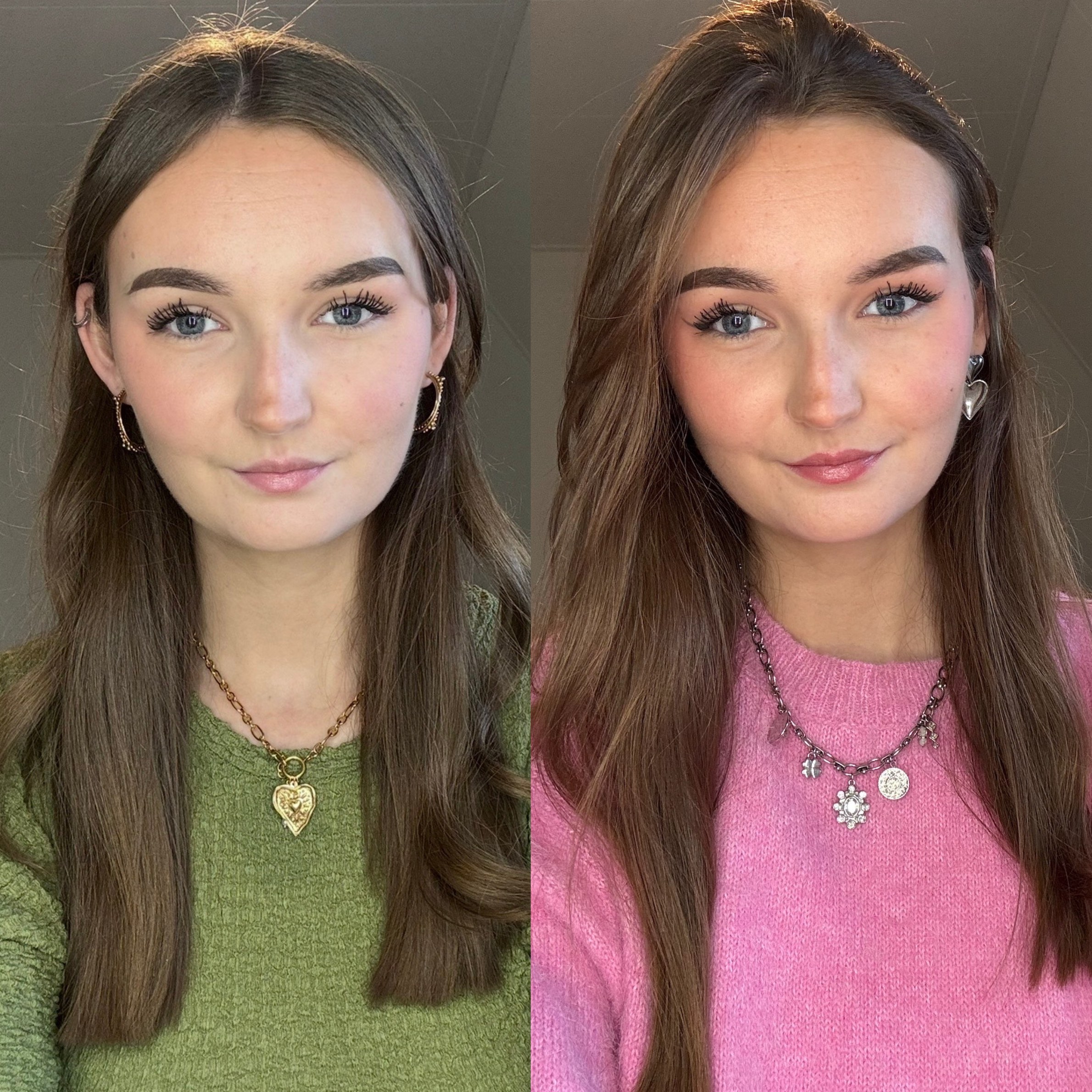 Before and after: from a green sweater to a bright pink sweater around the face